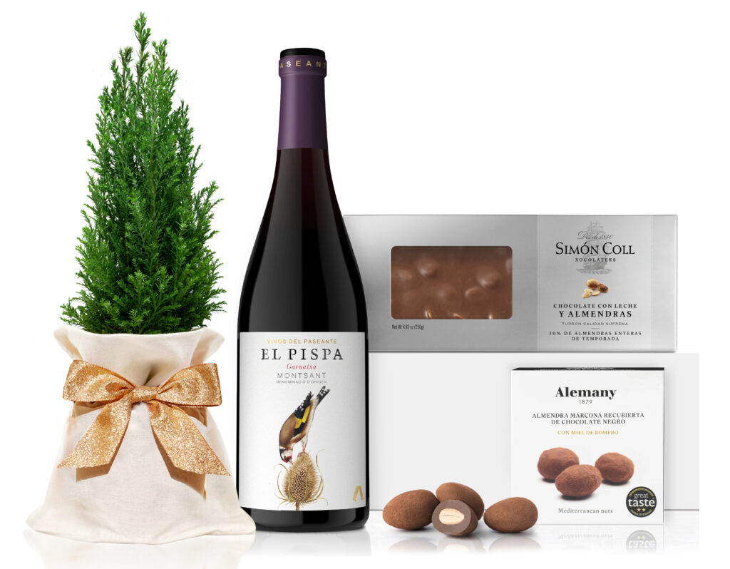 Lote de regalo para empresas con vino tinto, embutidos y productos gourmet de proximidad, presentado en caja de cartón reciclado Simpatia