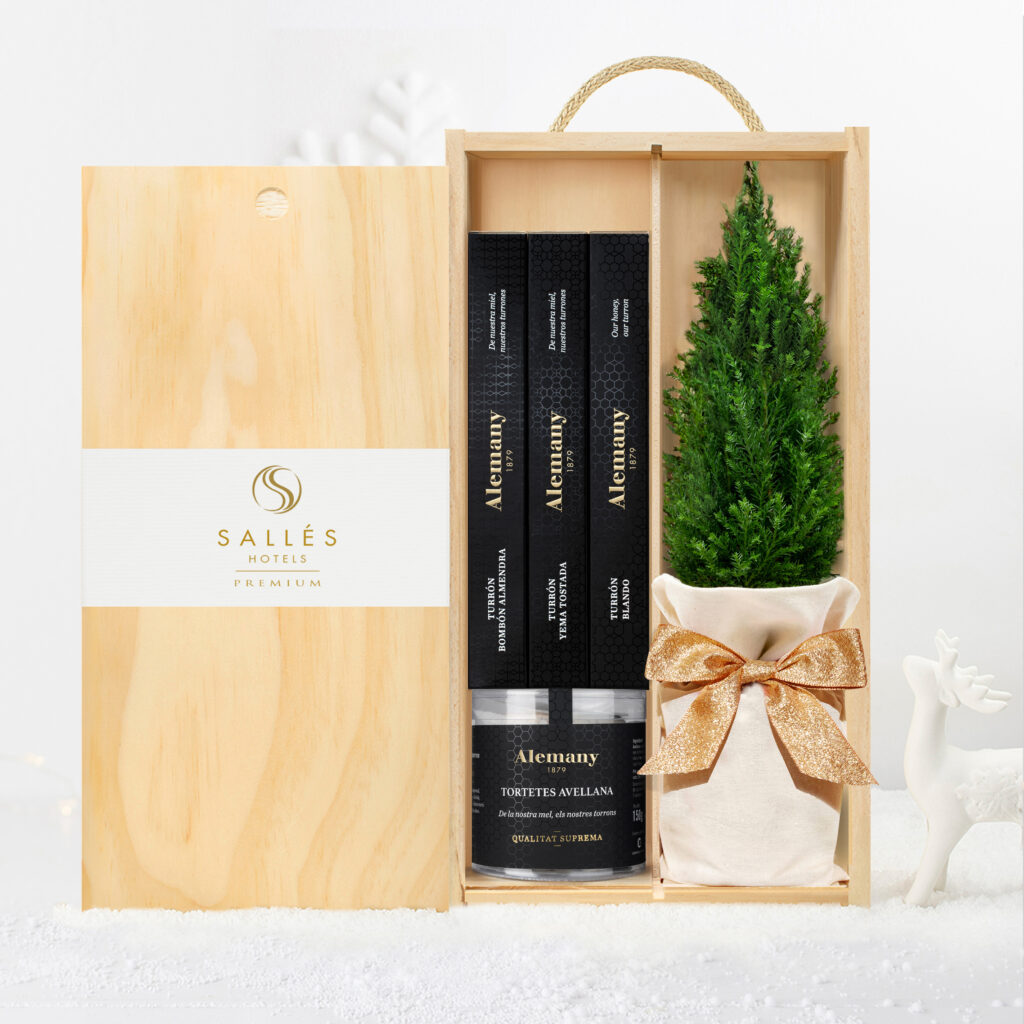 Cesta navideña ecológica con productos sostenibles, ideal como regalo corporativo personalizado Salles