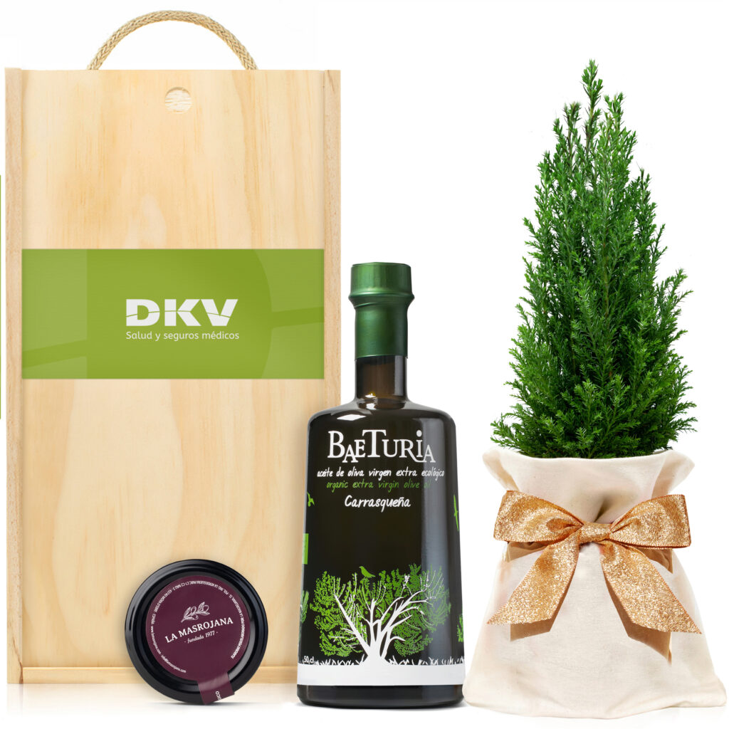 Lote de regalo gourmet con productos artesanos, personalizado con el logotipo de empresa para clientes o empleados DKV