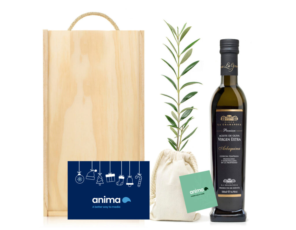 Regalo de empresa sostenible para Anima Ads, con botella de aceite de oliva virgen extra, olivo para plantar y caja de madera personalizada con mensaje corporativo